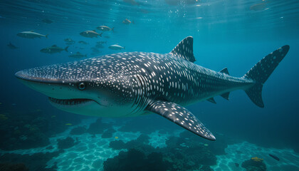 Fototapeta premium A large shark glides effortlessly through crystal clear blue waters near a lively coral reef. Various fish swim around the shark, creating a dynamic underwater atmosphere