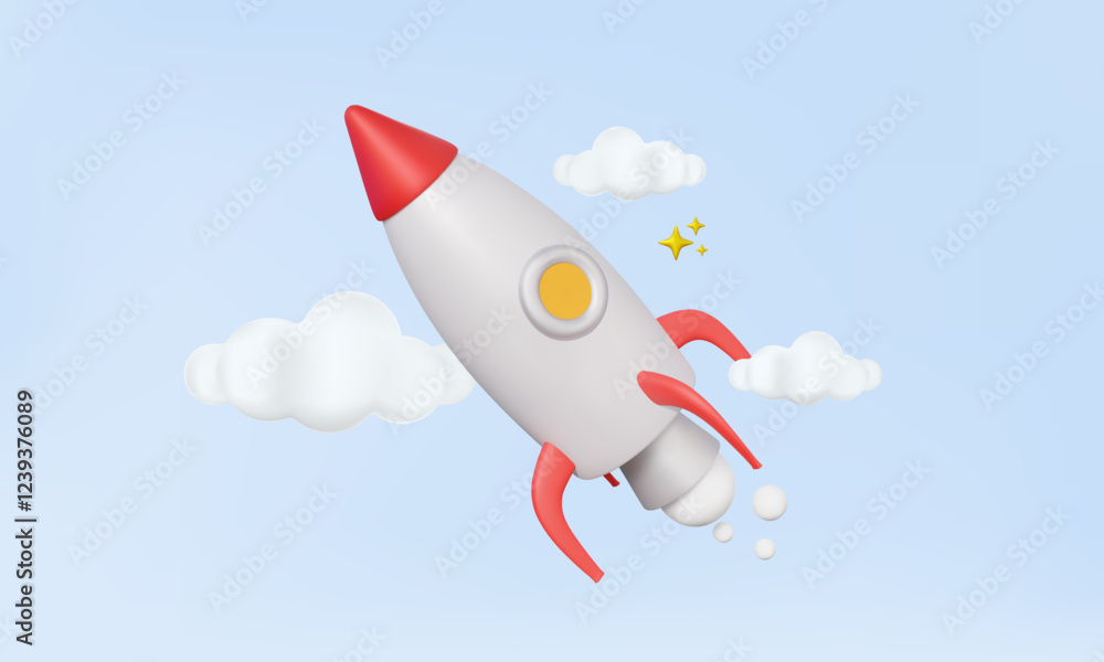 Poster spaceship rocket fly with clouds space floating launch leadership future success technology fast tra