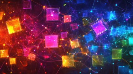 Colorful glowing cubes network, abstract background, technology concept