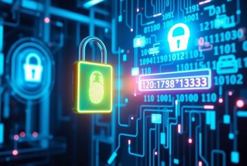 Obraz premium A futuristic cybersecurity scene with a glowing digital lock, fingerprint scanner, and encrypted password interface. Neon blue light, binary code, and security . A high-tech cyberpunk effect