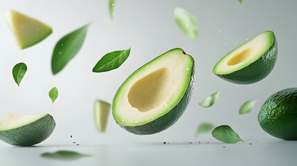 Sliced ​​Avocado Floating with Water Drops, Abstract Image, Texture, Pattern Background, Wallpaper, Cover and Screen for Smartphone, PC, Laptop, 9:16 and 16:9 Format