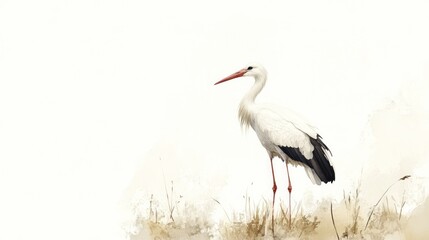 Fototapeta premium White stork standing in tall grass, nature background, wildlife illustration