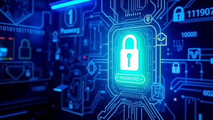 A futuristic cybersecurity scene with a glowing digital lock, fingerprint scanner, and encrypted password interface. Neon blue light, binary code, and security . A high-tech cyberpunk effect