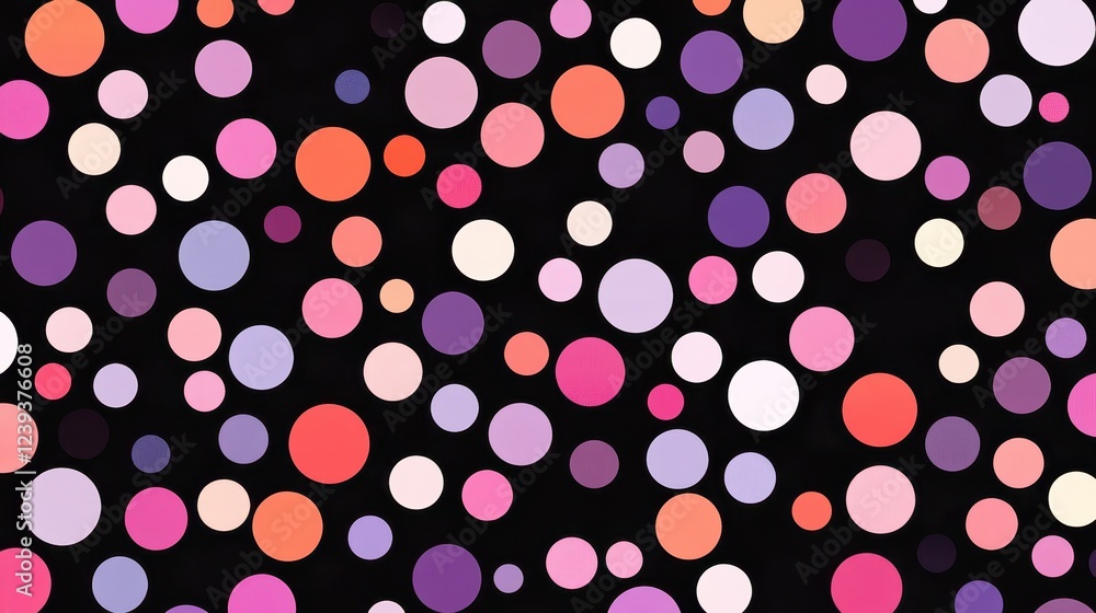 Poster colorful polka dots randomly spreading across black background, generating playful geometric pattern