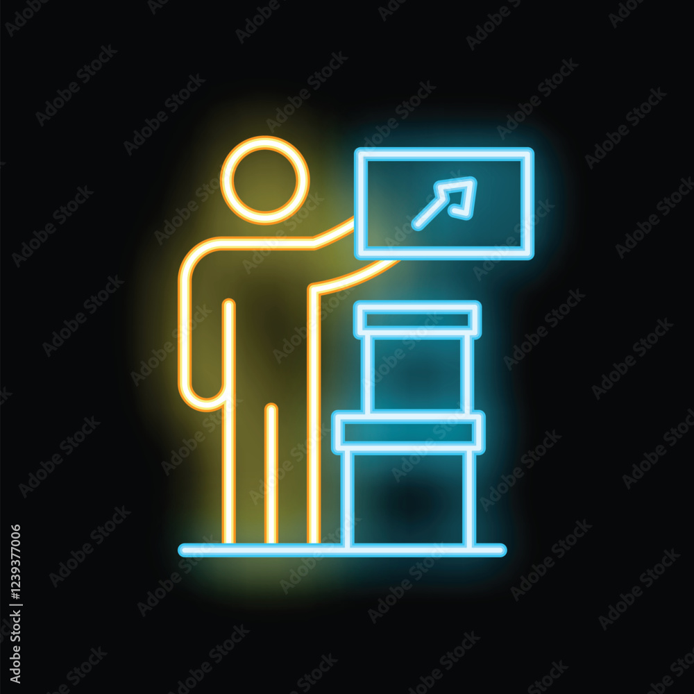 Poster warehouse worker scanning barcode of box on a shelf using barcode scanner, concept icon illustrated 