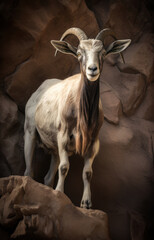 Majestic goat standing on rocky terrain, showcasing its impressive horns and long hair. animal exudes confidence in its natural habitat