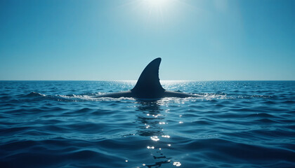 Fototapeta premium A shark fin emerges from the serene ocean surface, glistening beneath the bright sun. The clear water reflects light, creating a tranquil atmosphere in the moment