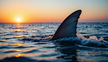 Fototapeta premium A shark fin breaks the surface of the calm ocean as the sun sets on the horizon, casting warm hues across the sky and shimmering water, creating a serene yet majestic moment
