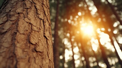 Obraz premium A beautiful green forest background with focus on tree trunk. Natural and serene sunlight in green forest.