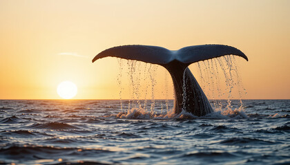 A whale tail arches gracefully out of the water, with sunlight casting a warm glow over the ocean surface. Waves splash as the majestic creature dives back beneath the surface