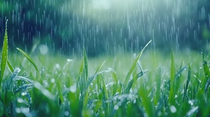 Raindrops pouring over lush green grass, saturating verdant landscape with glistening water droplets and natural vitality