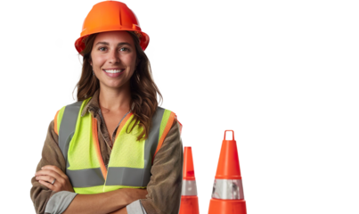 cross-armed female engineer in blue workwear and safety white helmet on a transparent background