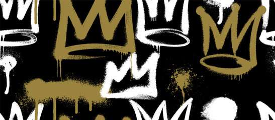 Seamless pattern with crowns. Spray painted graffiti crown sign with drips. Rough brush painted shapes. Grunge crown with spray texture. Street style abstract grunge vector. © Anatoliy