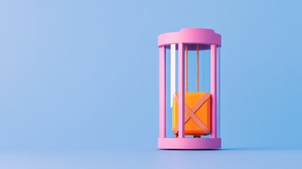 Fototapeta premium Orange gift box suspended inside a pink cylindrical glass cage against a light blue background. Minimalist product display with a surreal, conceptual feel.