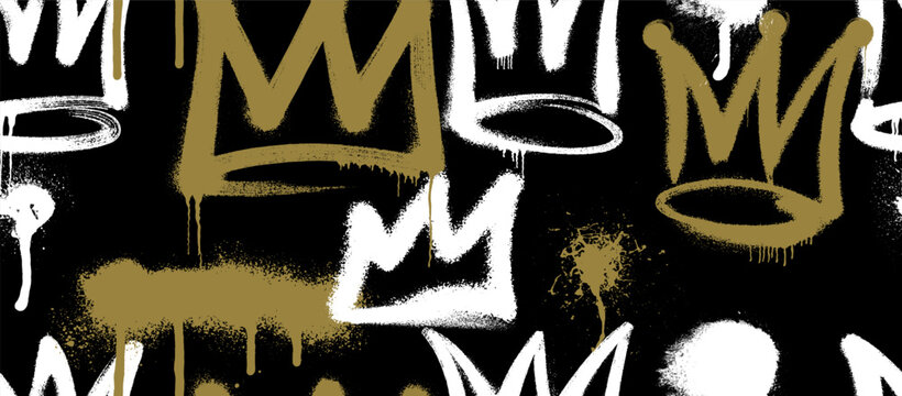 Seamless pattern with crowns. Spray painted graffiti crown sign with drips. Rough brush painted shapes. Grunge crown with spray texture. Street style abstract grunge vector.