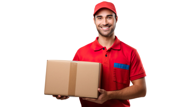 delivery man holding a package with a pen on a transparent background