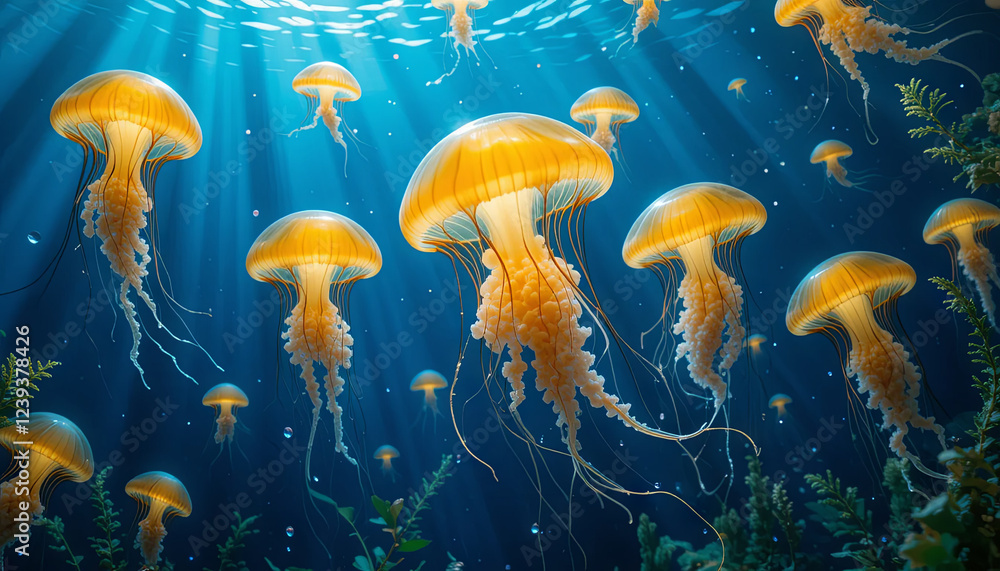 Poster a captivating display of bioluminescent jellyfish floats effortlessly beneath the ocean surface. sof