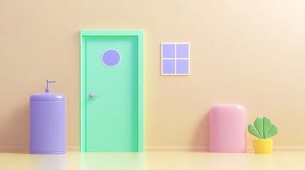 Pastel Minimalist 3D Rendered Interior With Green Door And Pink Refrigerator