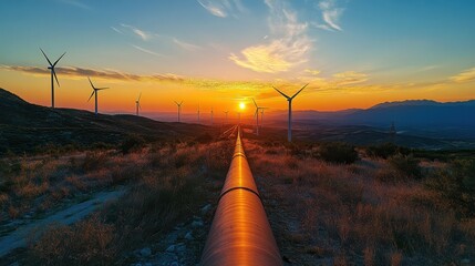 Industrial pipelines and wind turbines converging against sunset sky, symbolizing transition from fossil fuels toward clean energy infrastructure and sustainable power generation