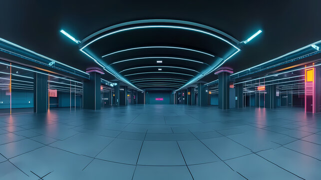 futuristic laboratory environment map: dark 3d render of an empty hall in architecture style. Architectural Style. Illustration