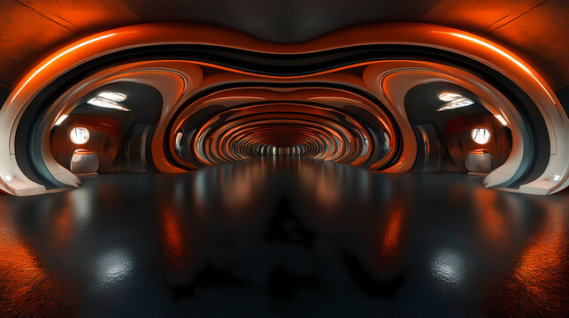 futuristic laboratory environment map: dark 3d render of an empty hall in architecture style. Architectural Style. Illustration