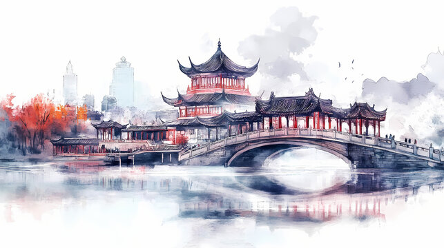 Ancient architecture style of chinese city with lake and bridge white background as sketch painting. Architectural Style. Illustration