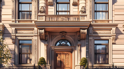 Fototapeta premium Captivating architectural facade of a classic brownstone building with intricate detailing and elegant ornamentation showcasing timeless design features. Architectural Style. Illustration