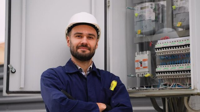 Confident electrician standing next to electrical panel