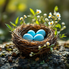 Obraz premium Blue eggs in a nest with flowers representing spring vibes in a natural background
