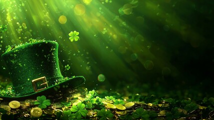 Naklejka premium Festive Saint Patrick's Day Scene Leprechaun Hat on Gold Coins and Shamrocks