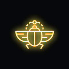 Neon yellow scarab beetle with open wings is spreading light with its antennae on a black background