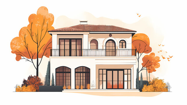 Elegant architectural design of a two-story house with intricate details and modern appeal in a minimalist style. Architectural Style. Illustration