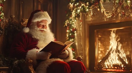 Obraz premium Santa Claus sits comfortably in an ornate chair, reading a book by a crackling fireplace. The room is adorned with festive decorations, creating a warm and inviting holiday atmosphere