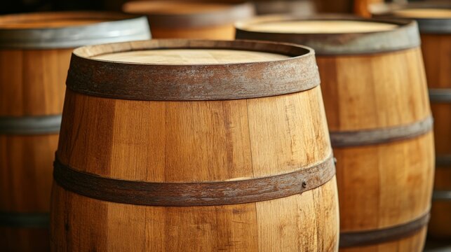 Various wooden barrels are carefully arranged in a rustic environment. The barrels, made of sturdy wood, feature metallic bands and are ideal for aging beverages