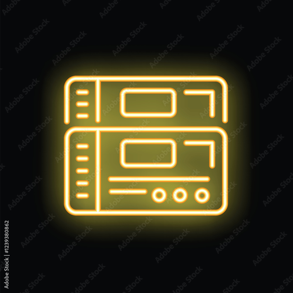 Poster yellow glowing neon icon of a computer server, representing data storage and network infrastructure