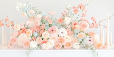 A lush arrangement of pastel flowers, including roses and dahlias, on a white table adorned with taper candles.