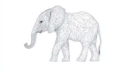 Obraz premium Wireframe Baby Elephant Walking, White Background, Wildlife Illustration