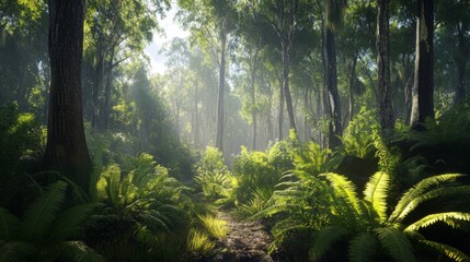 A serene forest path surrounded by vibrant ferns and tall trees creates a peaceful atmosphere. Sunlight filters through the foliage, enhancing the beauty of nature