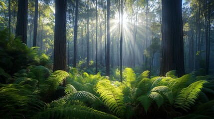 Obraz premium Sunlight streams through the canopy of tall trees in a dense forest, illuminating the vibrant green ferns below. The tranquil setting invites calm and exploration