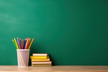 Back to school green chalkboard background with stationery, kids supplies, green apple on table. Colorful paper, color pencils, stack of books. Copy space for text. Front view. Young student desk