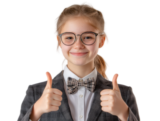 Isolated Smiling Girl with Glasses and Bow Tie Thumbs Up