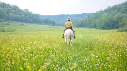 Fototapeta premium Cowboy horseback riding in field, summer day