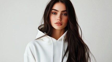 Fototapeta premium Woman in white hoodie, studio portrait, neutral background, fashion
