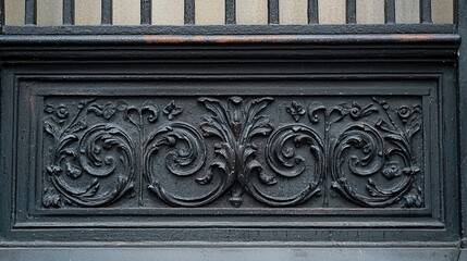 Ornate metalwork detail on building facade