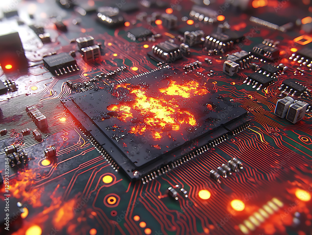 Poster dramatic closeup of a burning cpu on a circuit board. intense fire and technological detail create a