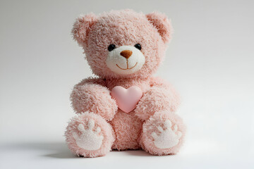Obraz premium A single pink teddy bear holding a heart against pure white background