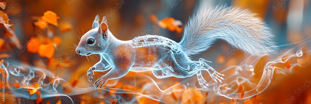 Poster a playful x-ray of a squirrel, illustrating its agile body and bones as it navigates through an abst