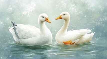 Obraz premium White goose swimming beside a white duck. Close-up with visible feathers and feet details. 