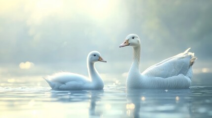 Obraz premium White goose swimming beside a white duck. Close-up with visible feathers and feet details. 