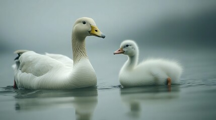 Fototapeta premium White goose swimming beside a white duck. Close-up with visible feathers and feet details. 